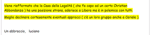 Altro estratto dell'e-mail del referente di Libera di Imperia (dell'Arci e Cgil)