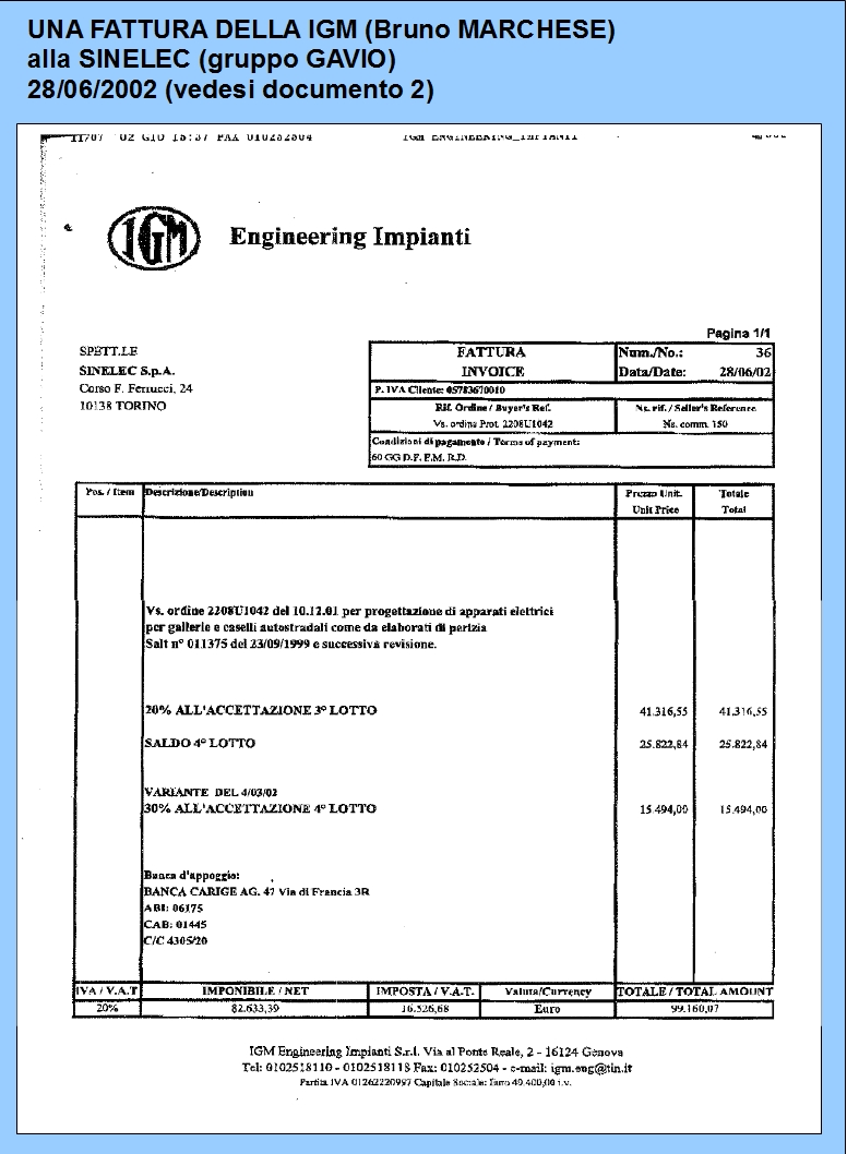 Una fattura di IGM a SINELEC