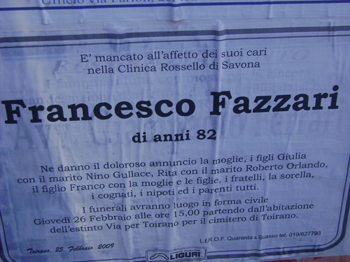Il manifesto che annunciò la morte del Francesco FAZZARI... Il manifesto che annunciò la morte del Francesco FAZZARI...