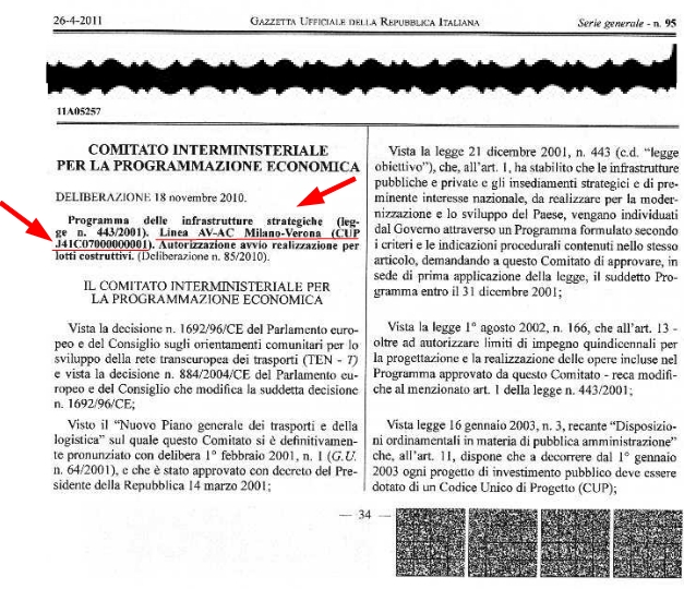 l'estratto della Gazzetta Ufficiale dove è indicato oggetto e CUP ed opera TAV MILANO-VERONA