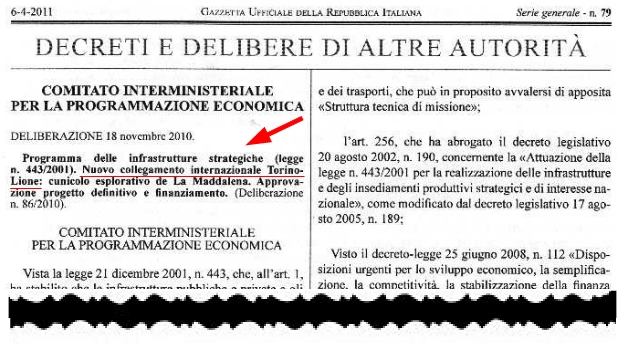 l'estratto della Gazzetta Ufficiale dove è indicato oggetto dell'opera TAV TORINO-LIONE