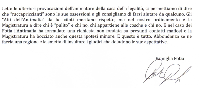 Il Comunicato della "famiglia FOTIA"