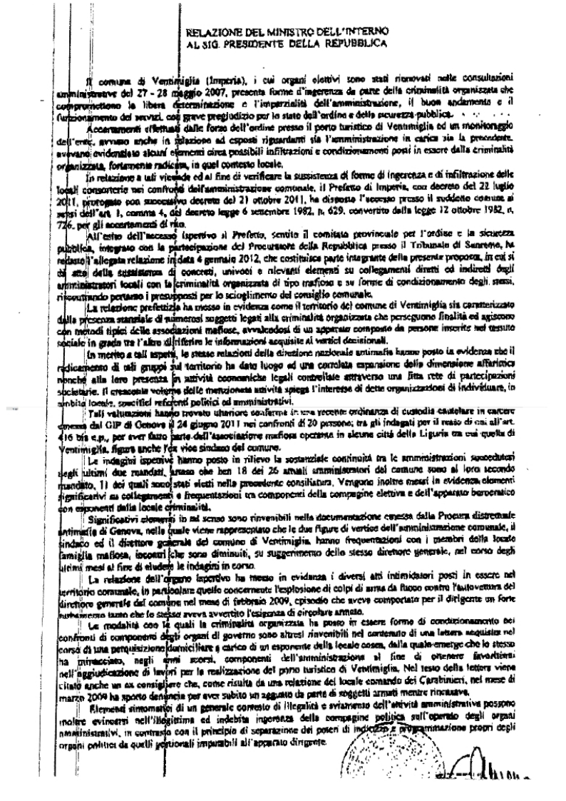 La Relazione del Ministro dell'Interno sul Comune di Ventimiglia pag. 1 La Relazione del Ministro dell'Interno sul Comune di Ventimiglia pag. 1