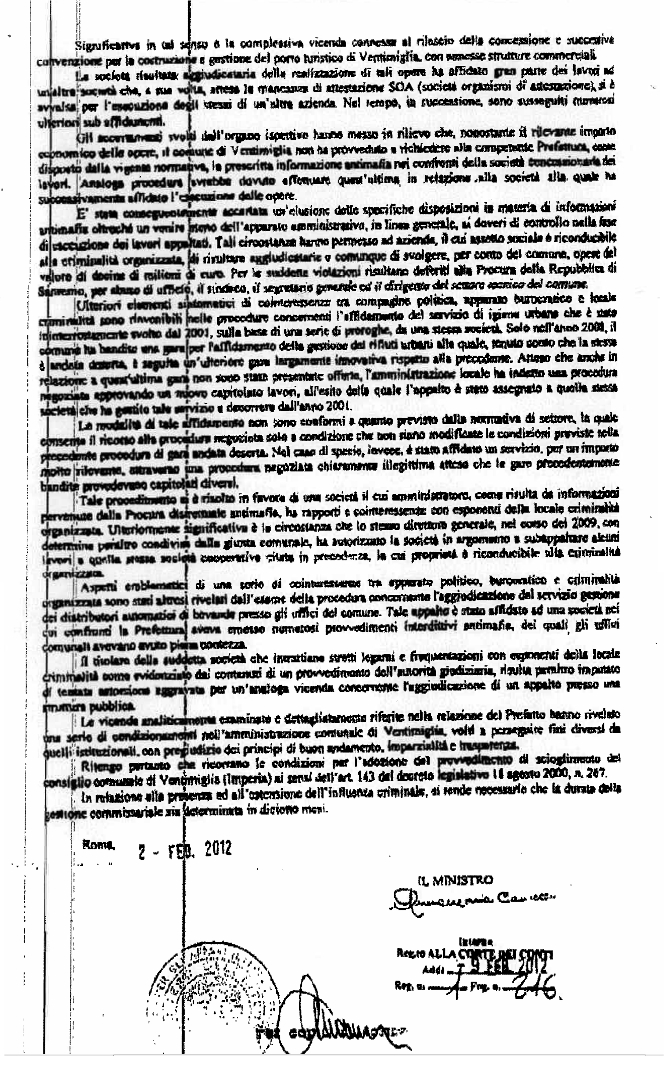 La Relazione del Ministro dell'Interno sul Comune di Ventimiglia pag. 3 La Relazione del Ministro dell'Interno sul Comune di Ventimiglia pag. 3