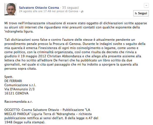 foto estratto post fb del COSMA