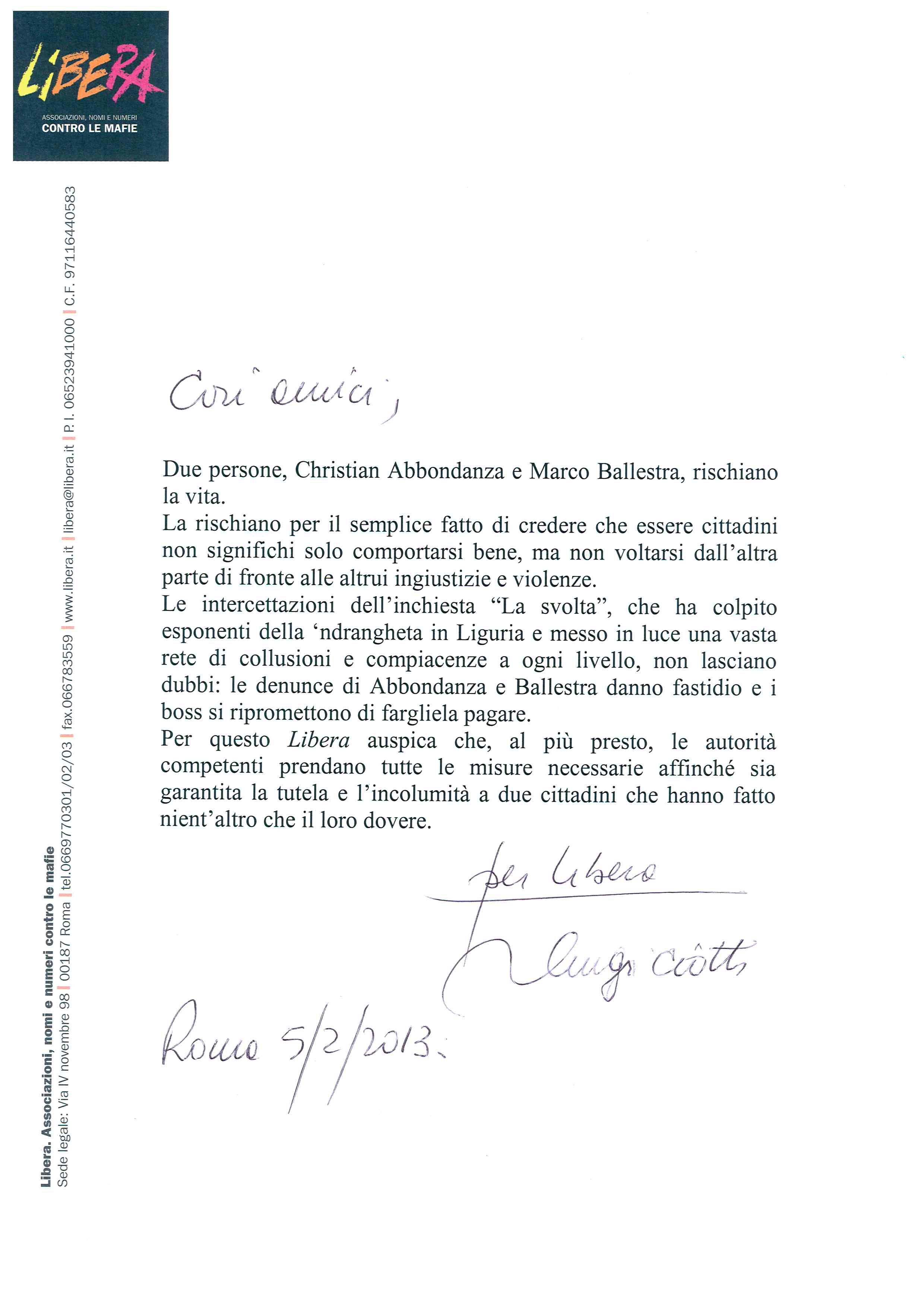 lettera di LIBERA e don Ciotti per protezione ad Abbondanza e Ballestra